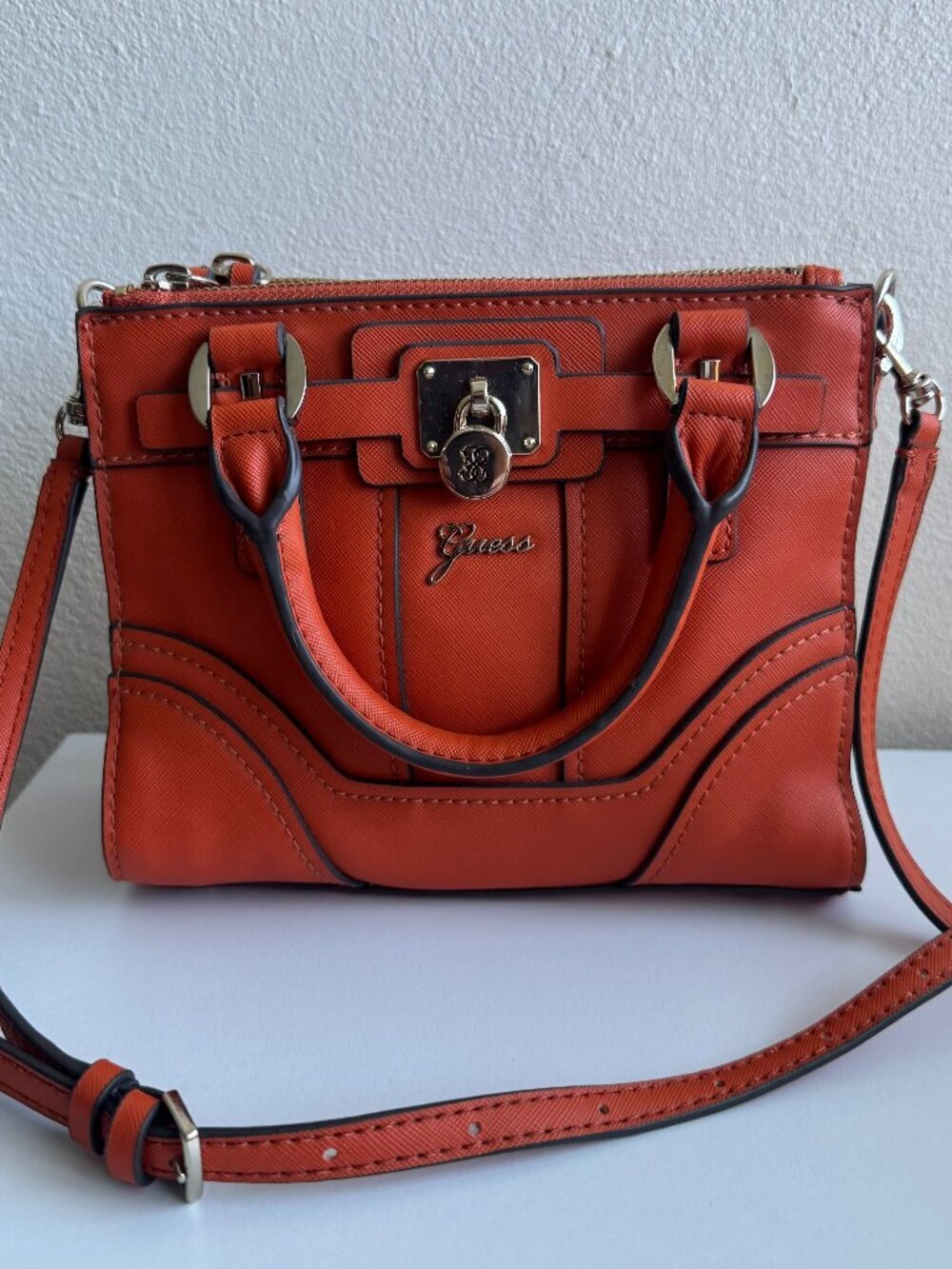 NWT Guess Greyson Mini Satchel Orange Crossbody Bag Gold Hardware Structured - Picture 1 of 14